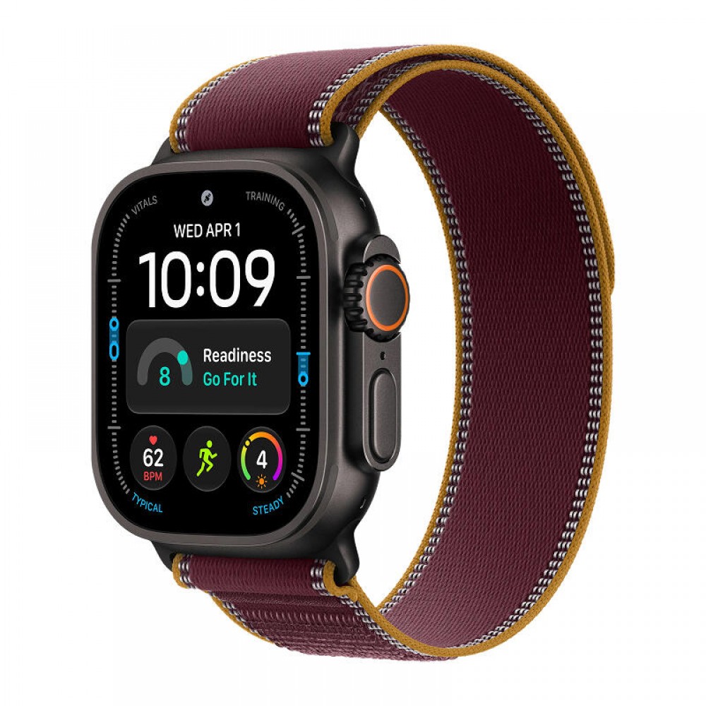 Apple Watch Ultra 4, 49 мм корпус из титана черного цвета, ремешок Trail бордового цвета
